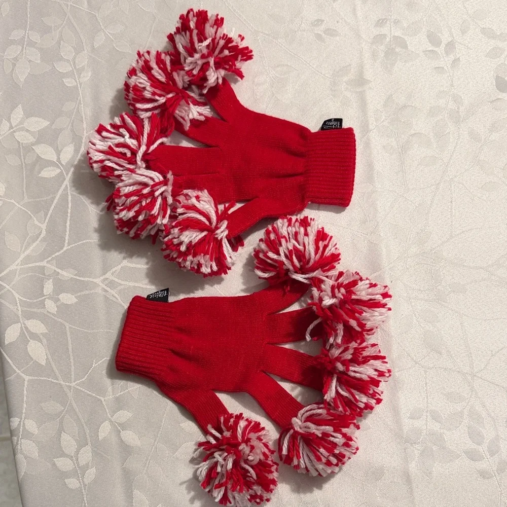 Vibrant Red and White Mittens with Pom-Poms
